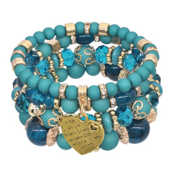 Pretty Blue and Gold Variety Beaded with Heartset of 4 Bracelets! - Picture 4 of 4